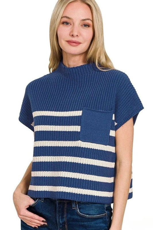 Zenana Blue And White Short Sleeve Sweater - S