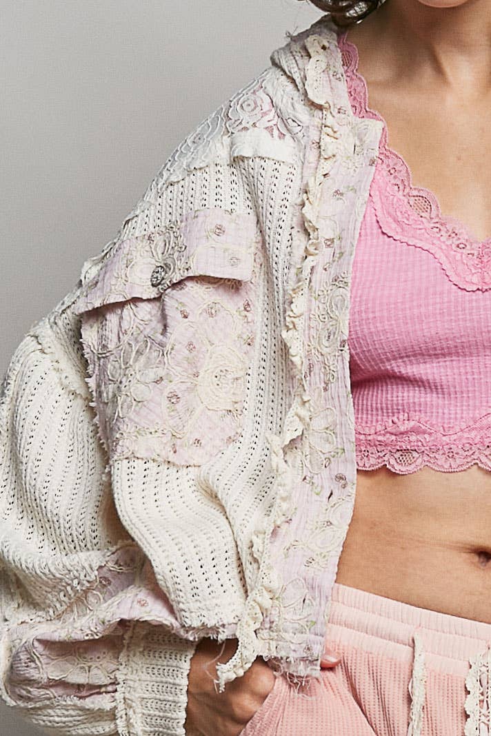 Floral Pattern Lace Contrast Textured Knit Hooded Jacket