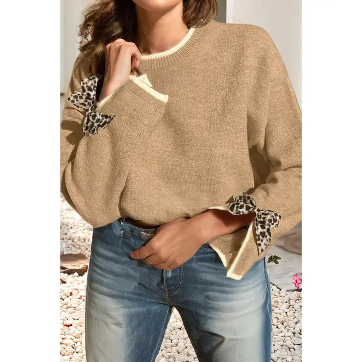 Leopard Bow Split Cuff Tri-Color Sweater