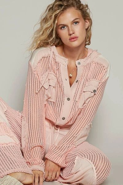 Mesh Textured Knit Button-Front Top - M