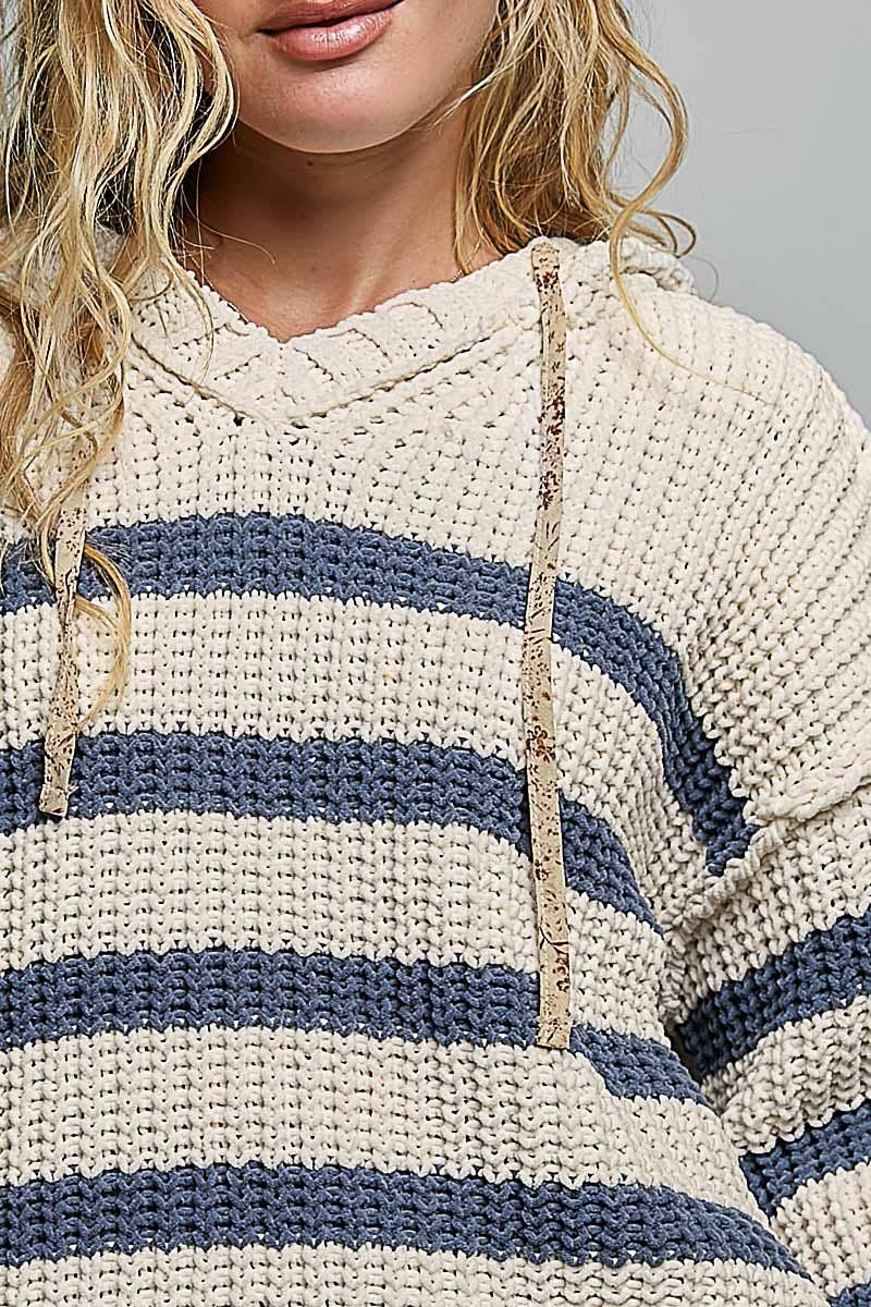 Hoodie V-neck Striped Long Sleeve Stitch Chenille Sweater