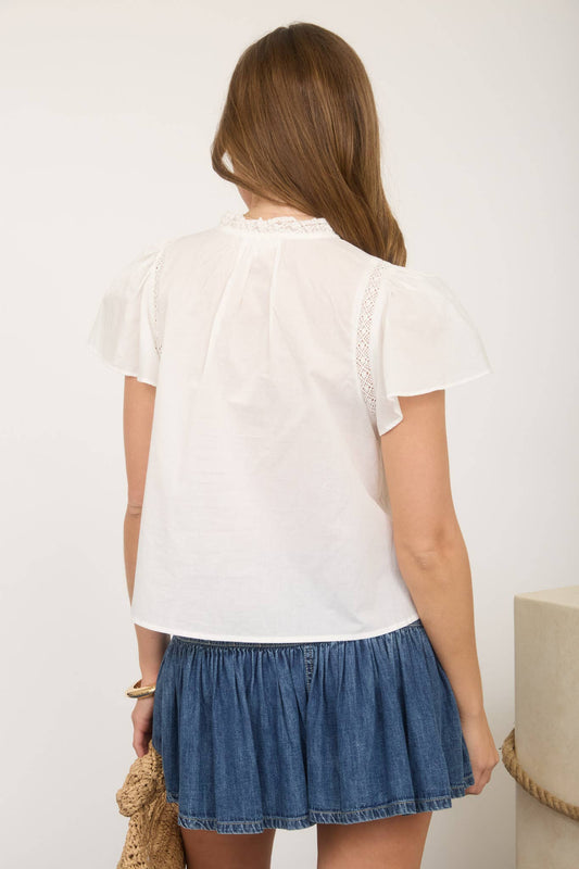 Blu Pepper - PINTUCK LACE YOKE RUFFLE DETAIL FRONT TIE BLOUSE