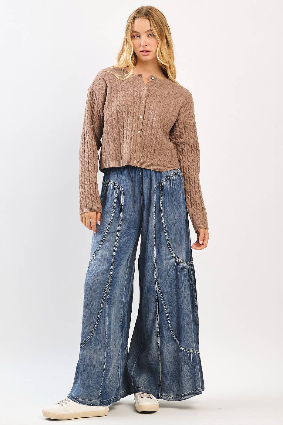 Washed Chambray Tier Detail Wide Leg Pants