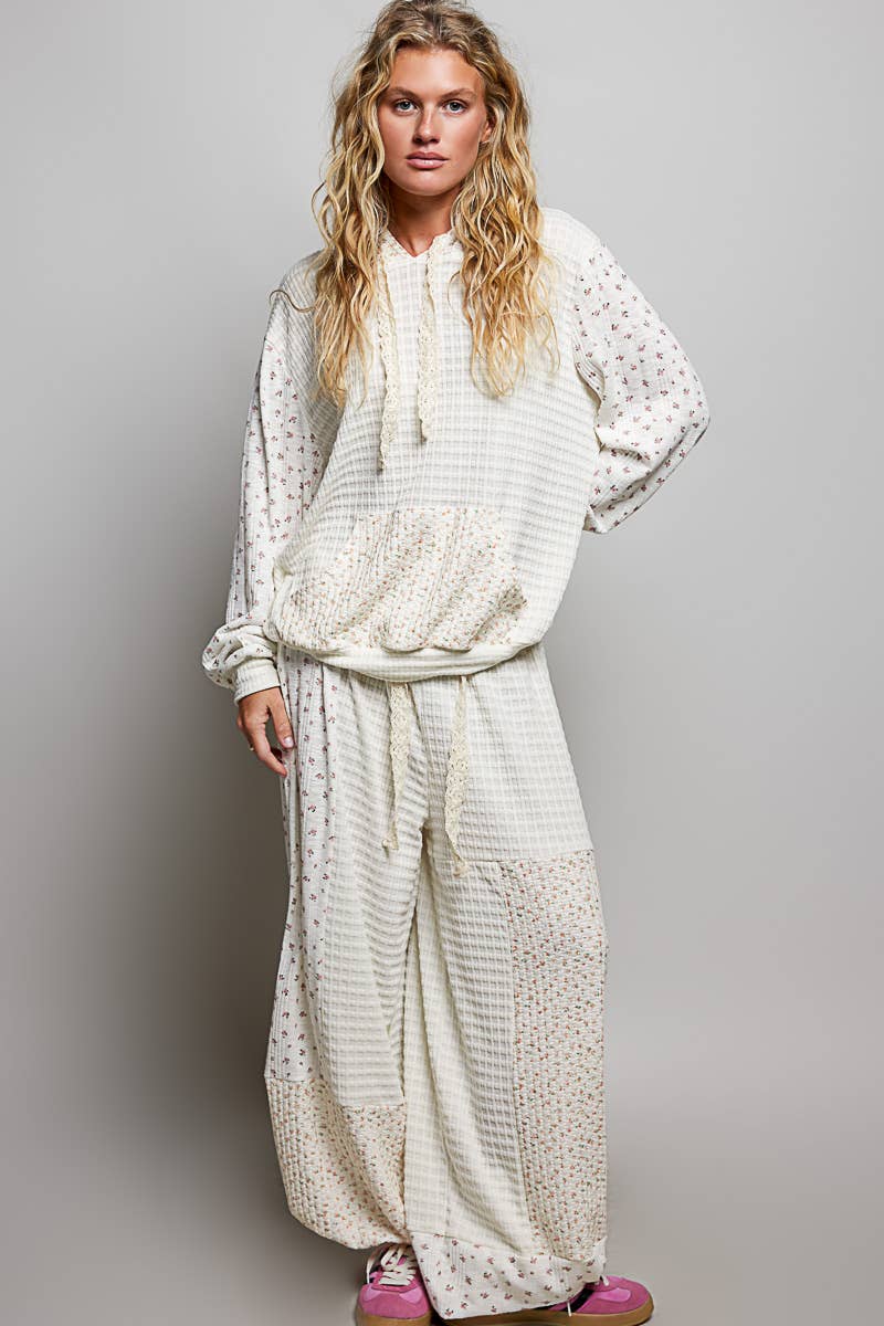 Pol Clothing - Kangaroo Pocket Mixed Knit Contrast Sleeve Hooded Pullover