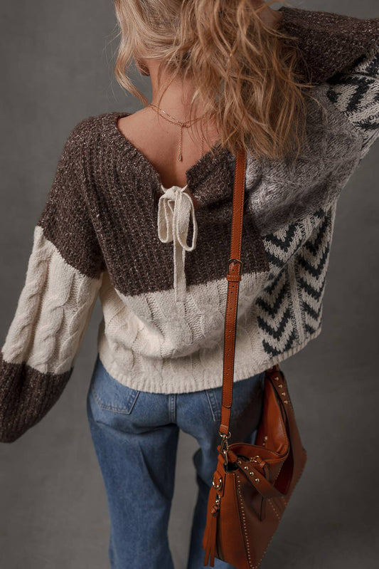 Color Block Patchwork Knotted Back Loose Fit Sweater