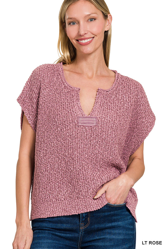 Split Neck Short Sleeve Sweater Knit Top