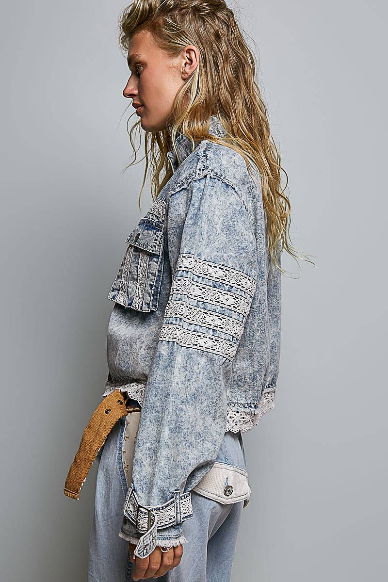 Vintage Wash Denim Lace Trim Buckle Cuff Stand Collar Jacket