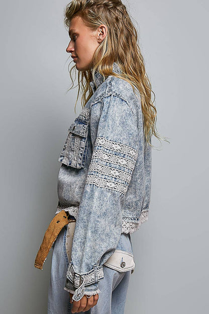 Vintage Wash Denim Lace Trim Buckle Cuff Stand Collar Jacket