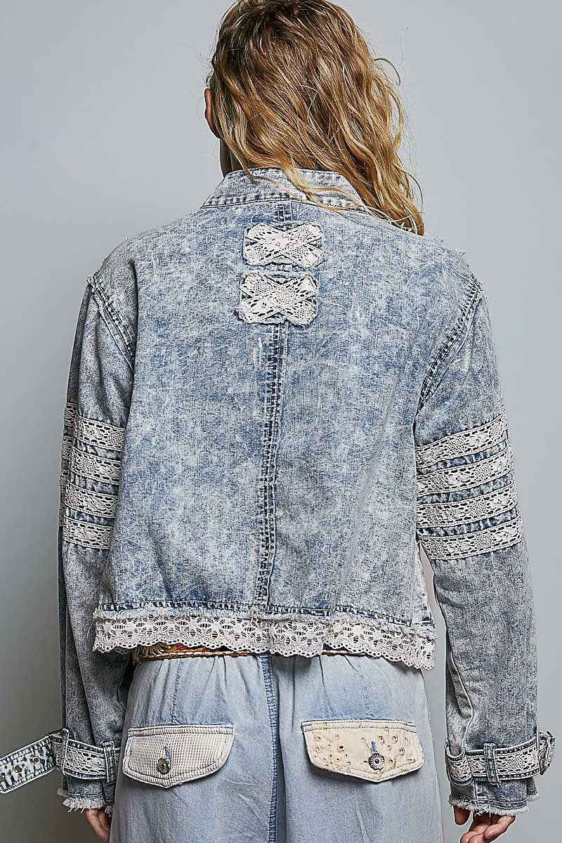 Vintage Wash Denim Lace Trim Buckle Cuff Stand Collar Jacket