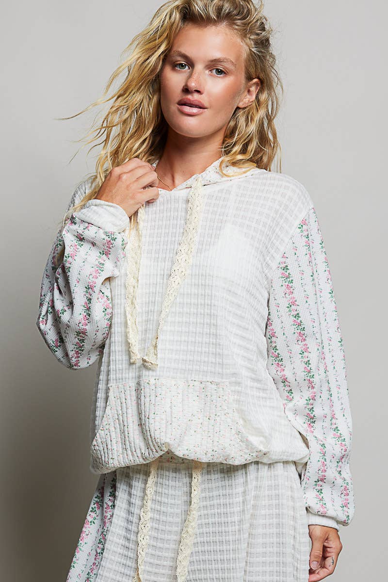 Pol Clothing - Kangaroo Pocket Mixed Knit Contrast Sleeve Hooded Pullover