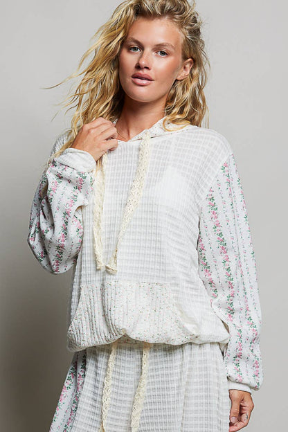 Pol Clothing - Kangaroo Pocket Mixed Knit Contrast Sleeve Hooded Pullover