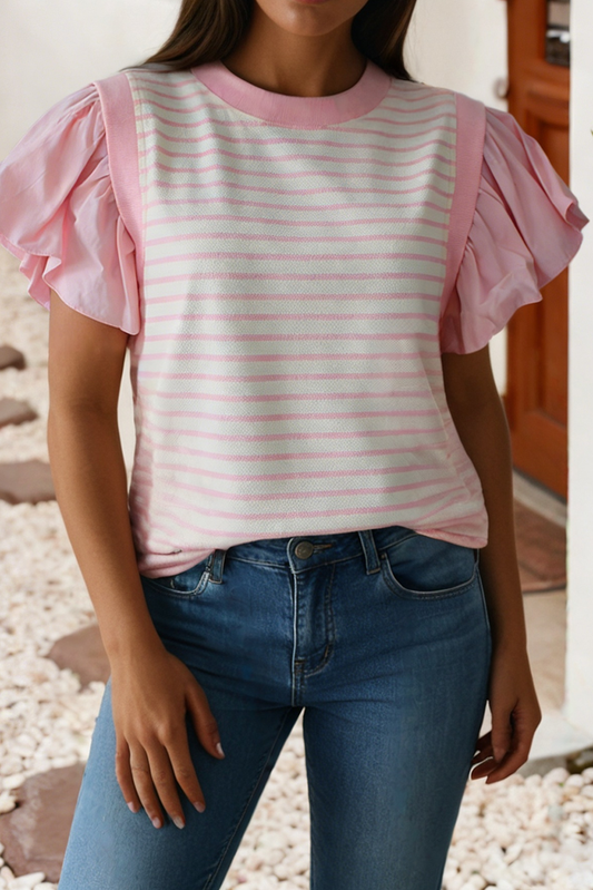 Stripe Ruffled Short Sleeve Patchwork Blouse