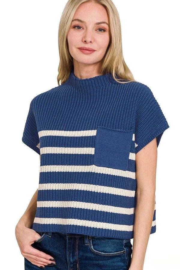 Zenana Blue And White Short Sleeve Sweater