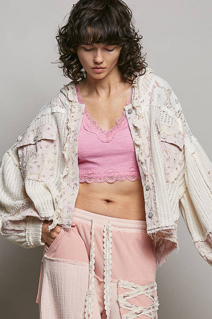 Floral Pattern Lace Contrast Textured Knit Hooded Jacket