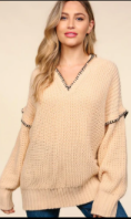 Oatmeal Notched Neck Loose Fit Oversized Pullover Sweater
