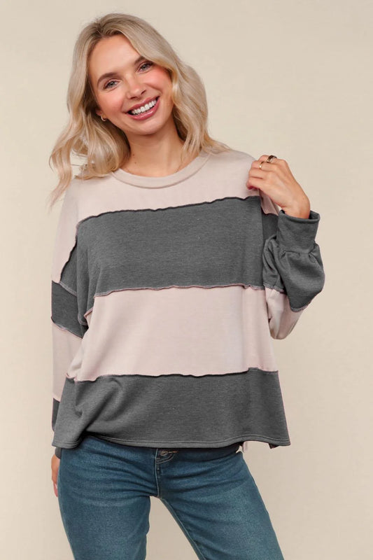 Charcoal/Latte Loose Fit Pullover Knit Top