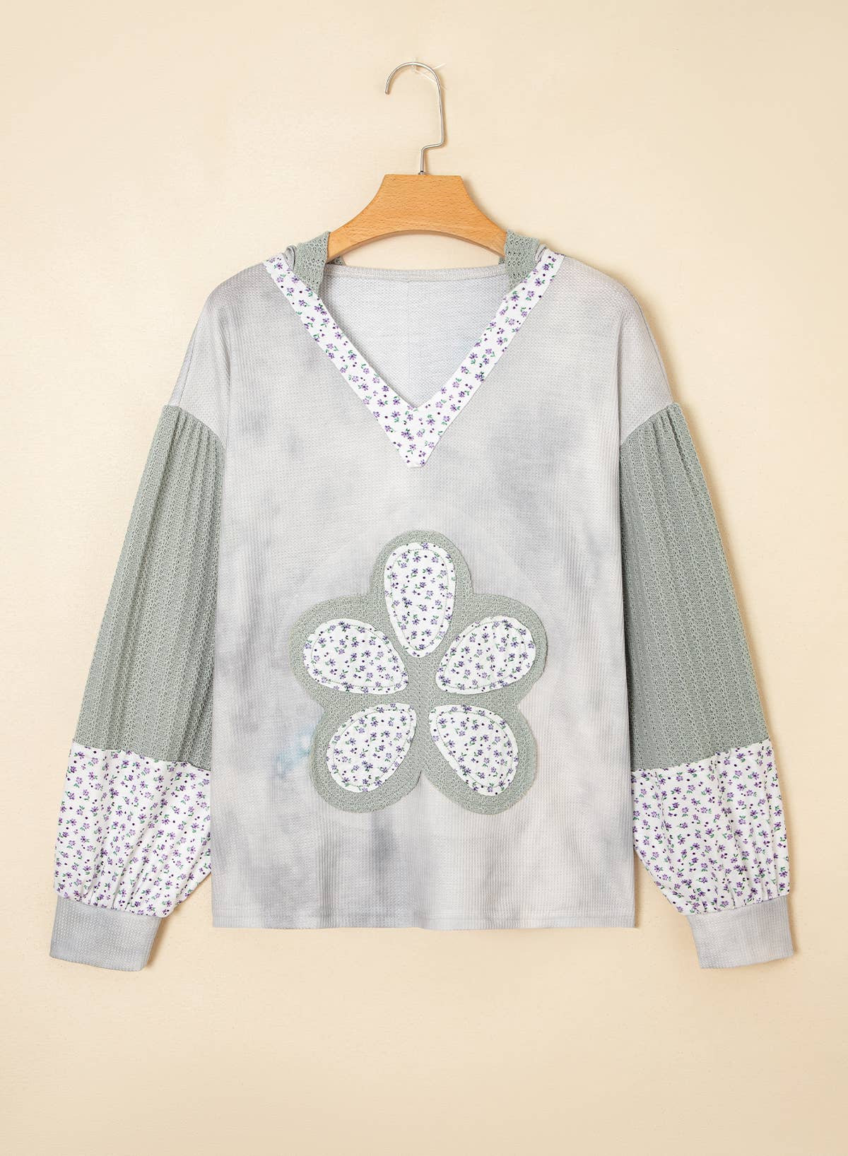 Little Daisy Closet Textured Color-Block Floral Patchwork Lantern Sleeve Top