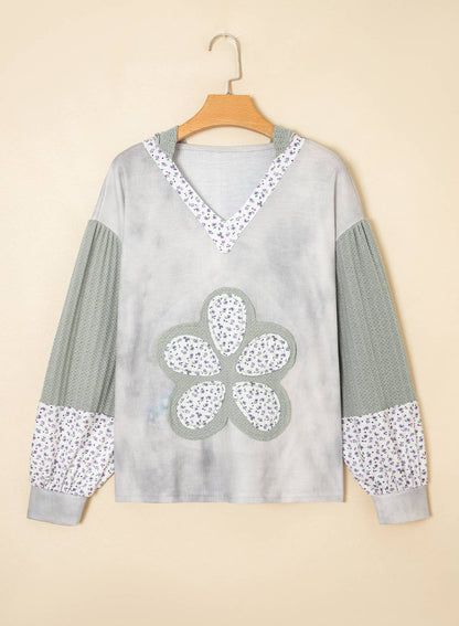 Little Daisy Closet Textured Color-Block Floral Patchwork Lantern Sleeve Top