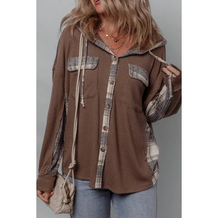 Plaid Patchwork Drawstring Hooded Shirt
