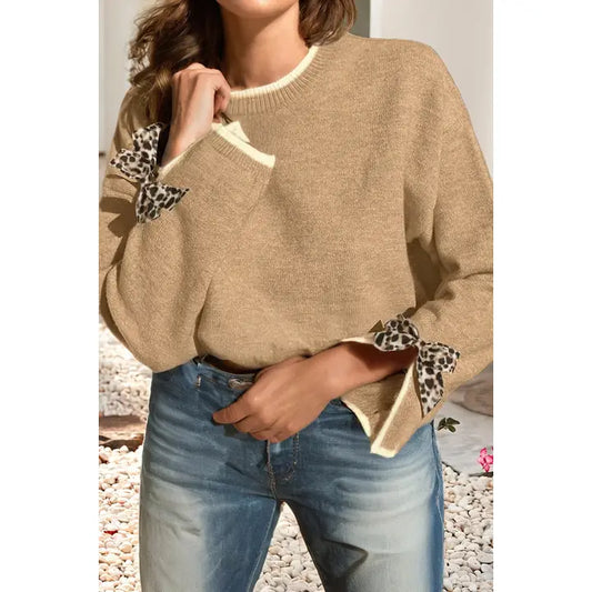 Leopard Bow Split Cuff Tri-Color Sweater