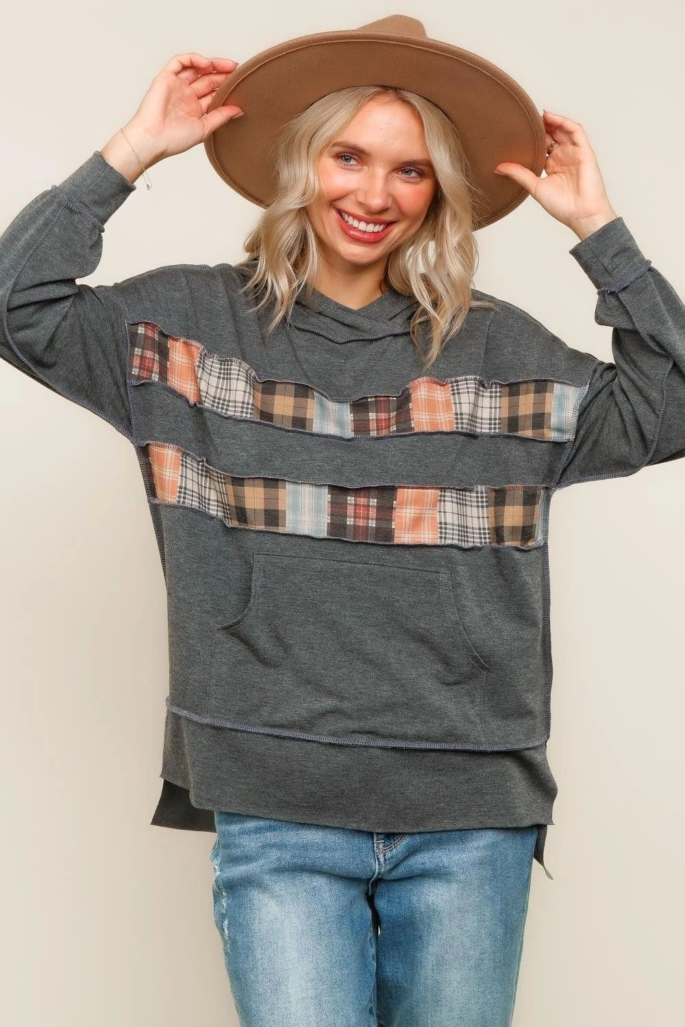 189 - Charcoal Plaid Knit Color Block Hoodie Long Sleeve Shirt.