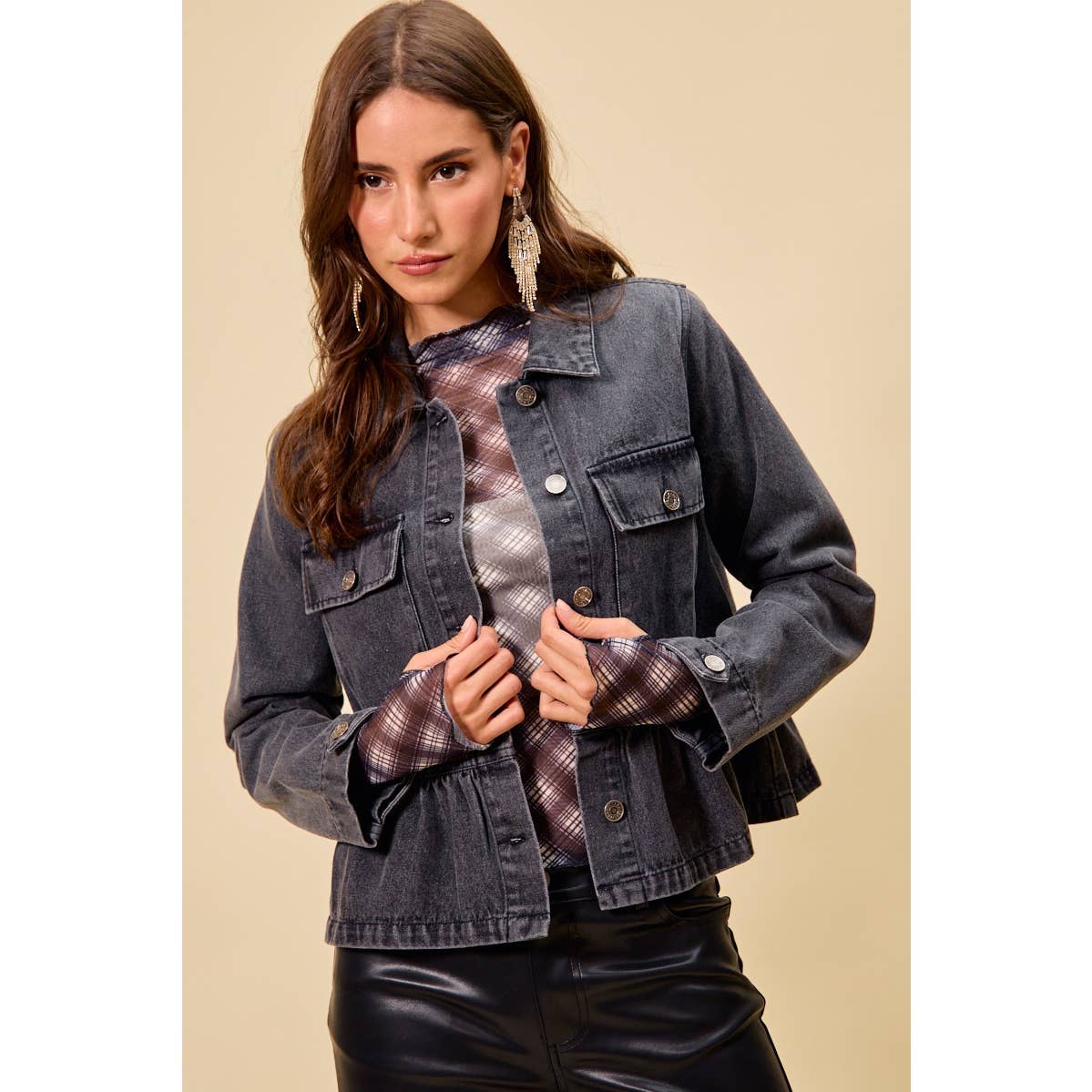 DENIM PEPLUM HEM FRONT BUTTON JACKET WITH POCKETS