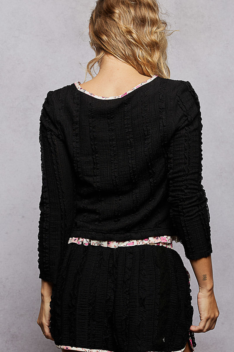Black Textured Knit Top with Floral Trim