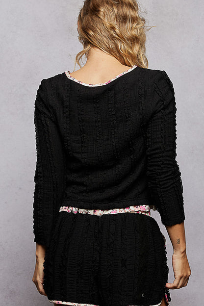 Black Textured Knit Top with Floral Trim