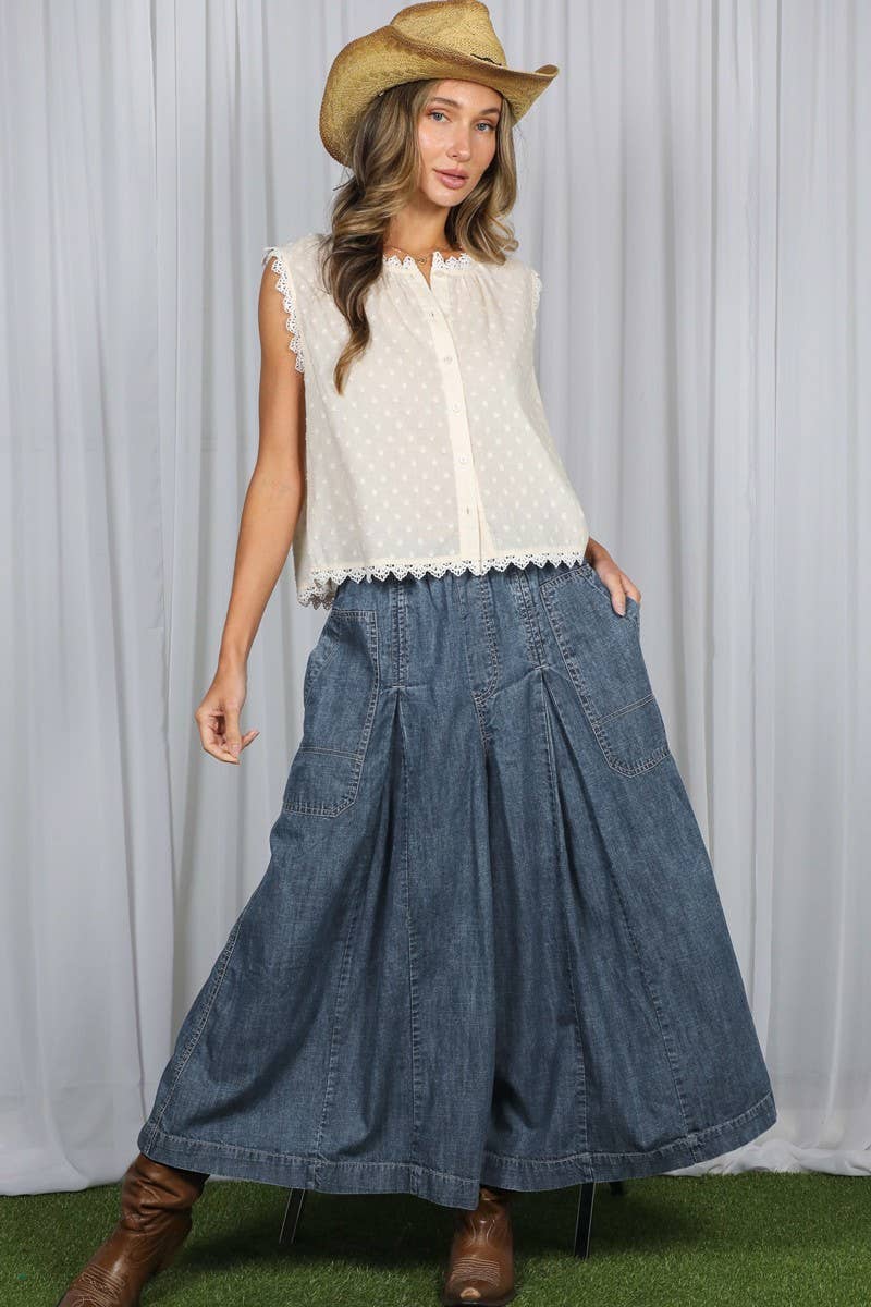 Vine & Love - Pin-Tuck 100%Tencel Chambray Cropped Washed Pants