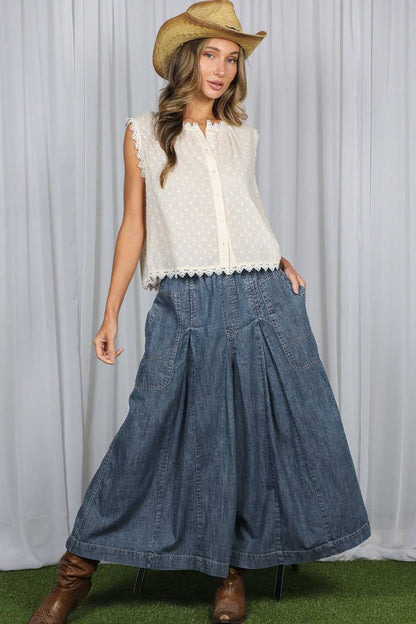 Vine & Love - Pin-Tuck 100%Tencel Chambray Cropped Washed Pants