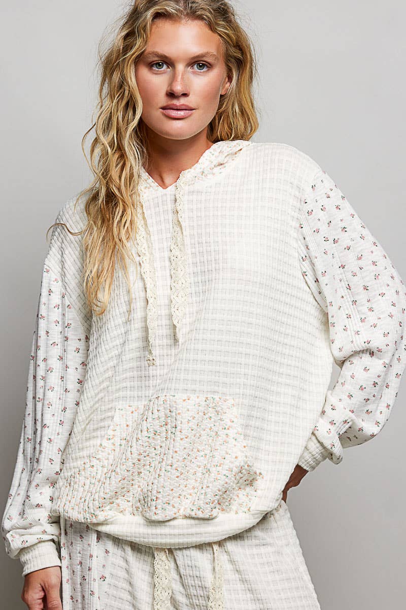 Pol Clothing - Kangaroo Pocket Mixed Knit Contrast Sleeve Hooded Pullover