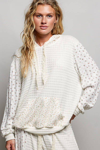 Pol Clothing - Kangaroo Pocket Mixed Knit Contrast Sleeve Hooded Pullover