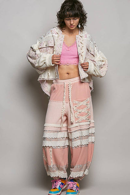 Floral Pattern Lace Contrast Textured Knit Hooded Jacket