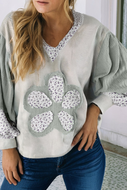 Little Daisy Closet Textured Color-Block Floral Patchwork Lantern Sleeve Top