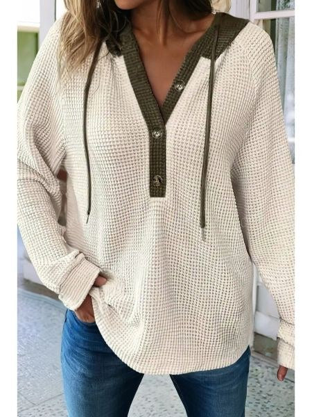 Waffle Knit Contrast V-Neck Hoodie - M