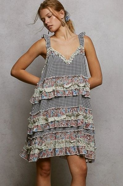 Pol Blue-And-White Gingham Tiered Dress - M
