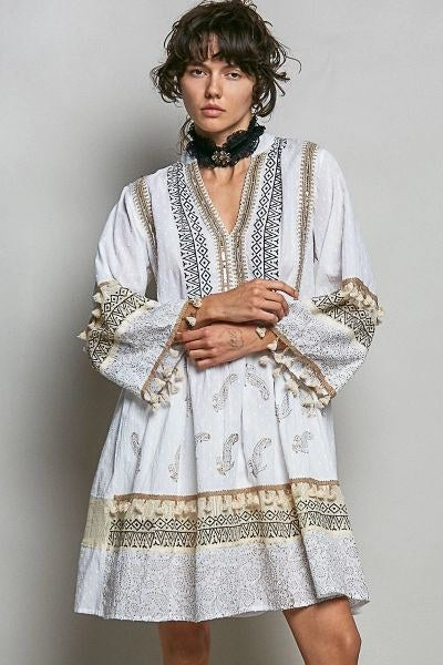 Pol 3/4 Sleeve White Boho Dress - M