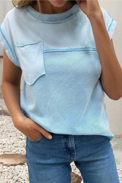Blue Waffled Raw Seam Top - M