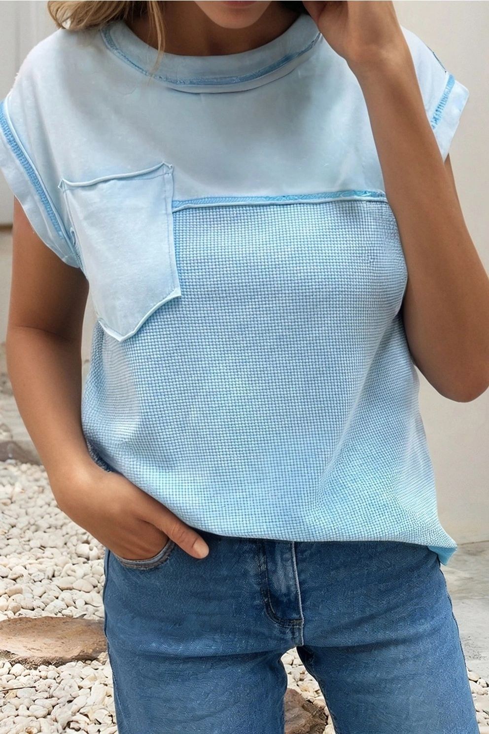 Blue Waffled Raw Seam Top