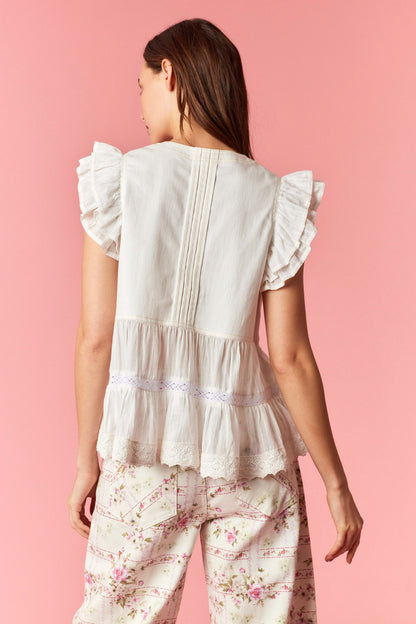 Twill Denim Eyelet Flare Top