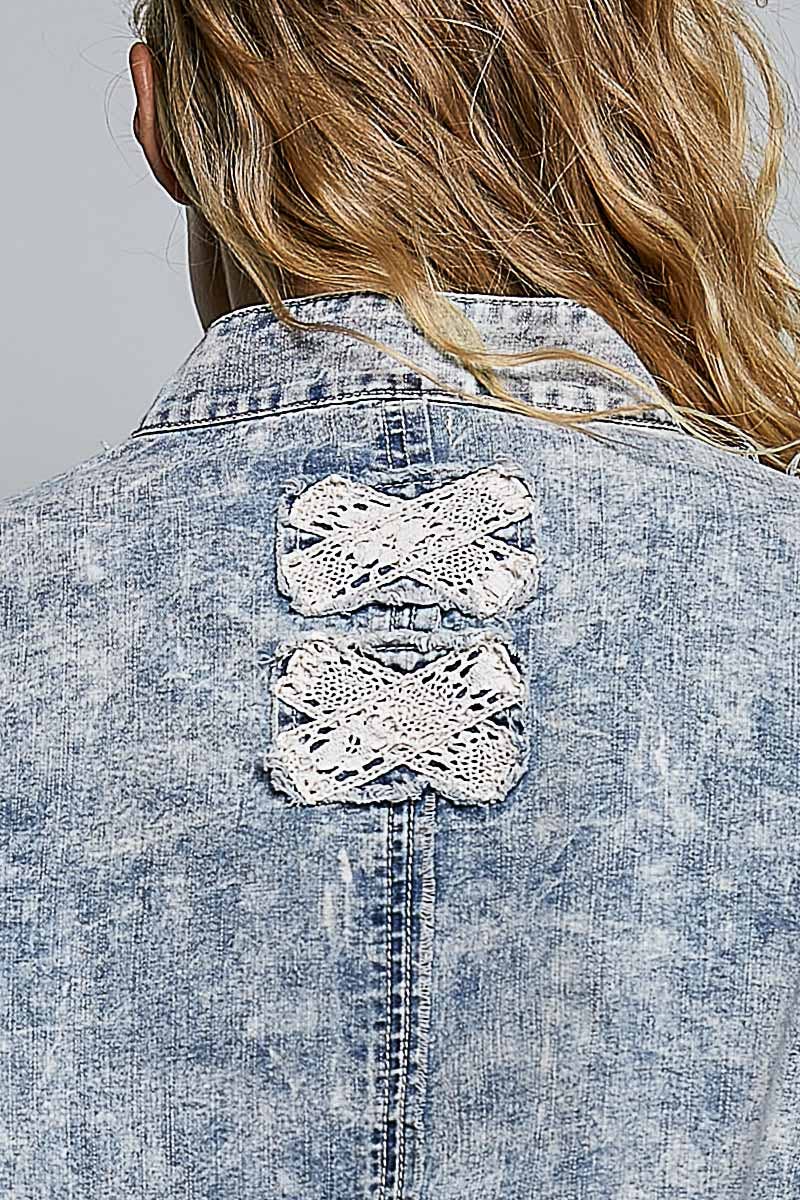 Vintage Wash Denim Lace Trim Buckle Cuff Stand Collar Jacket