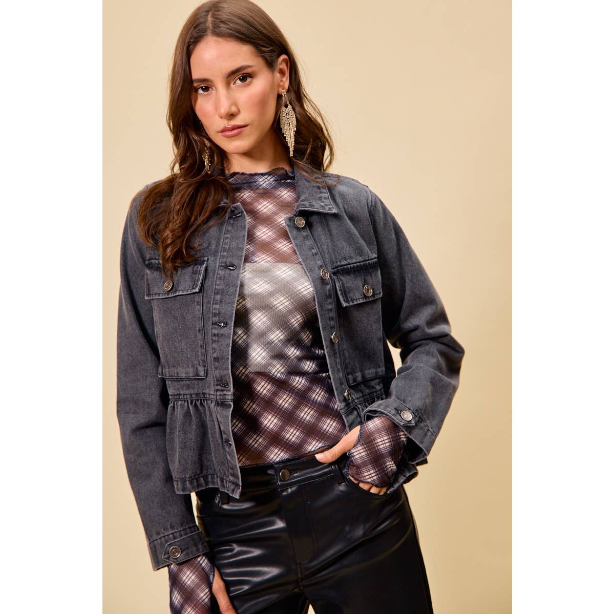 DENIM PEPLUM HEM FRONT BUTTON JACKET WITH POCKETS
