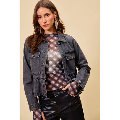 DENIM PEPLUM HEM FRONT BUTTON JACKET WITH POCKETS