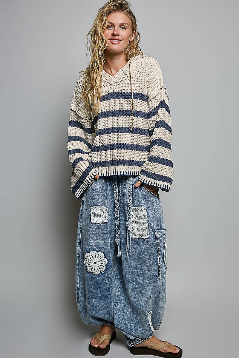 Hoodie V-neck Striped Long Sleeve Stitch Chenille Sweater