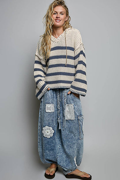Hoodie V-neck Striped Long Sleeve Stitch Chenille Sweater