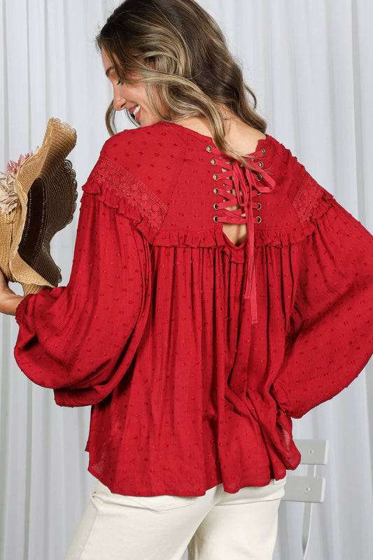 Lace-Up Back Detail Swiss Dot Patterned Blouse
