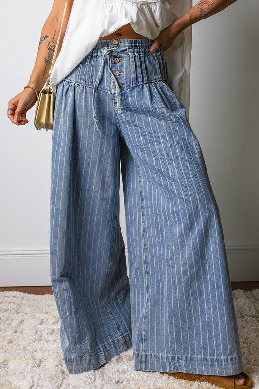 fashionworks - Stripe Button Pleated Drawstring Waist Casual Wide Leg Jeans