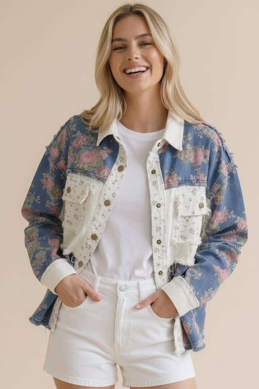 Washed Floral Color Block Denim Jacket