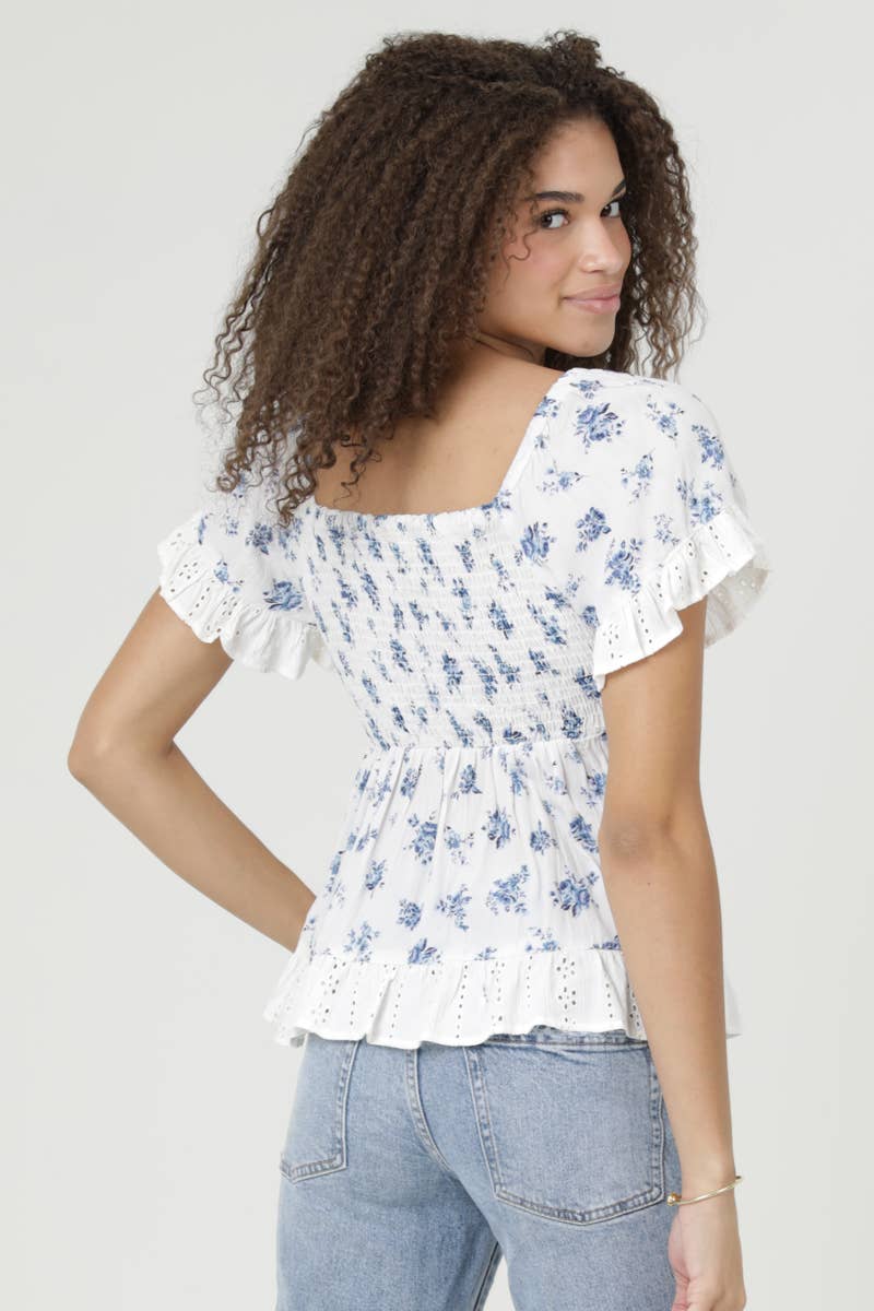 EYELET EMBROIDERY RUFFLE TRIM TWIST FRONT TOP