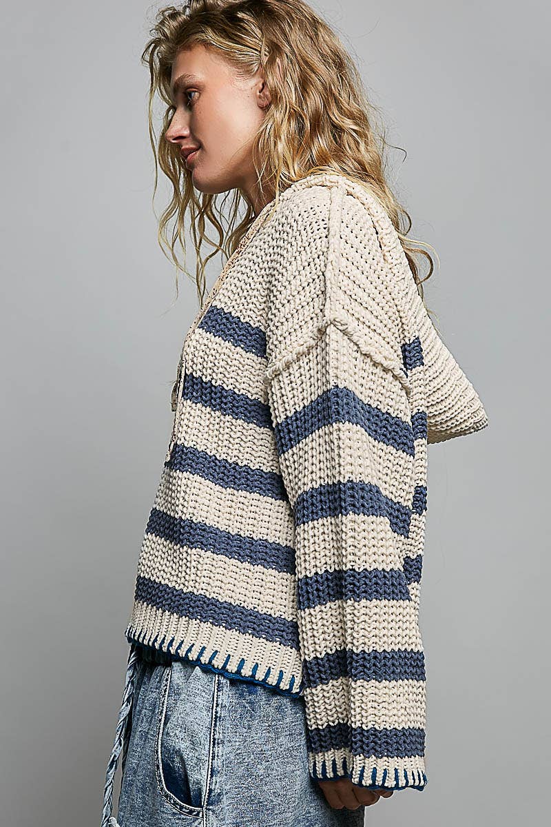 Hoodie V-neck Striped Long Sleeve Stitch Chenille Sweater